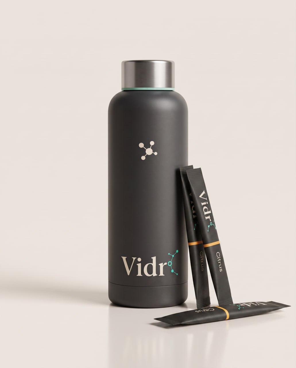 Vidr° steel bottle with citrus morning formula sachets